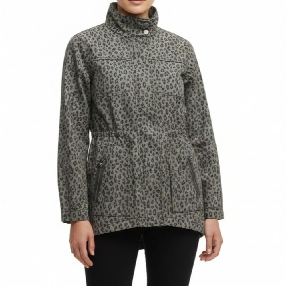 Soft Surroundings NEW Leopard Print Rain Jacket Small Trench Coat Gray Black